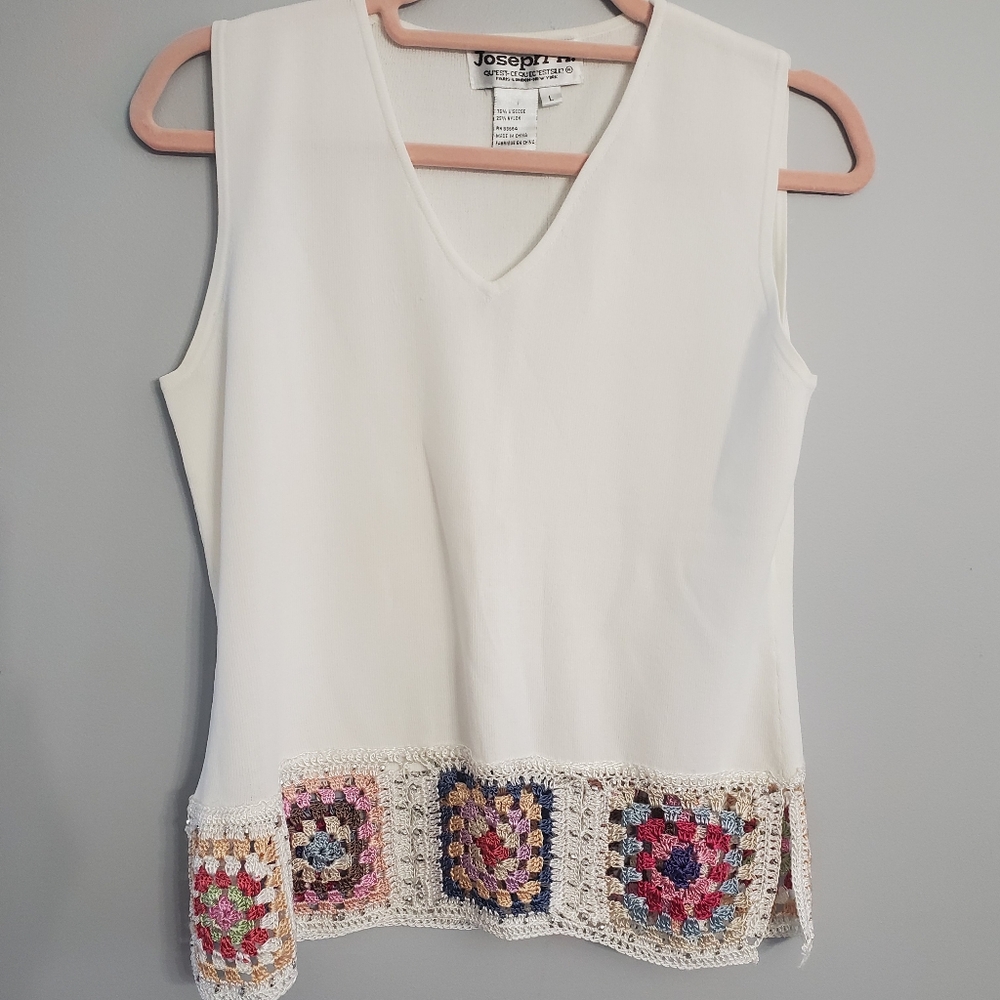 Joseph A Women's Cream Knit Crochet & Beaded Multicolor Trim Top Boho NWOT SZ L